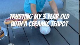 Trusting my 3 year old with ceramic teapot 🤣 #teaparty #momlife