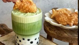 Delicious combo Taiyaki Matcha Boba Latte #bubbletea