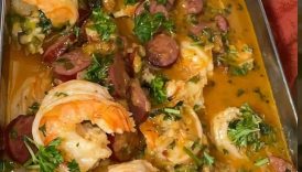 Coconut shrimp + sausage paired w/ jasmine rice #flambe #ytshorts #shorts