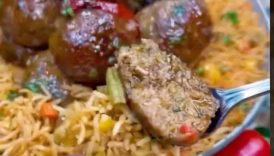 hot honey cajun meatballs and broccolini and cajun rice