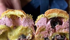 Pistachio & black cherry choux 🍒