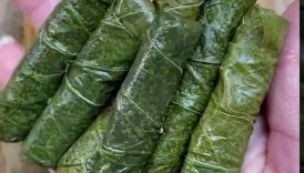 Yabra2 AKA wara2 3enab, tender grape leaves stuffed and cooked in a lemony, garlicky broth