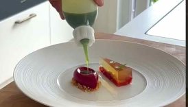 Tomato ice cream quenelle with basil oil #shorts