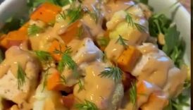 easy sheet pan cauliflower, sweet potato and chicken with the BEST harissa tahini sauce! recipe –